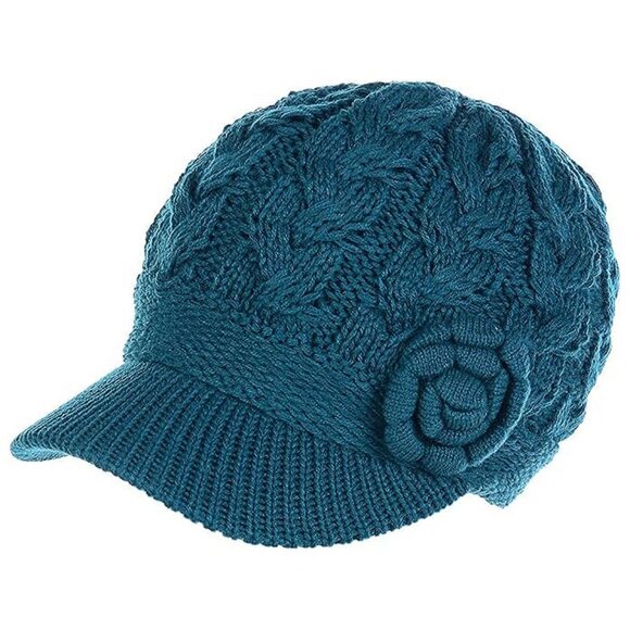 Womens Winter Elegant Cable Flower Hat Teal Flower-2 - Picture 1 of 2